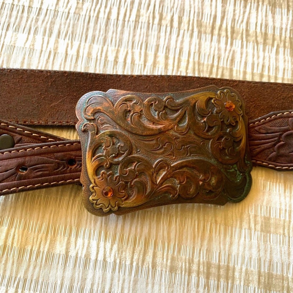 Tony Lama Brown Tooled Leather Western Belt Copper Buckle 30 5219L USA